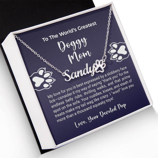 More Than Charms Name Paw Necklace for World's Greatest Doggy Mom in gift box, personalized pet lover jewelry gift.