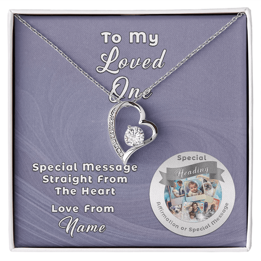 Forever Love Necklace with Custom Message Card featuring heart design and CZ crystal, perfect gift for loved ones.